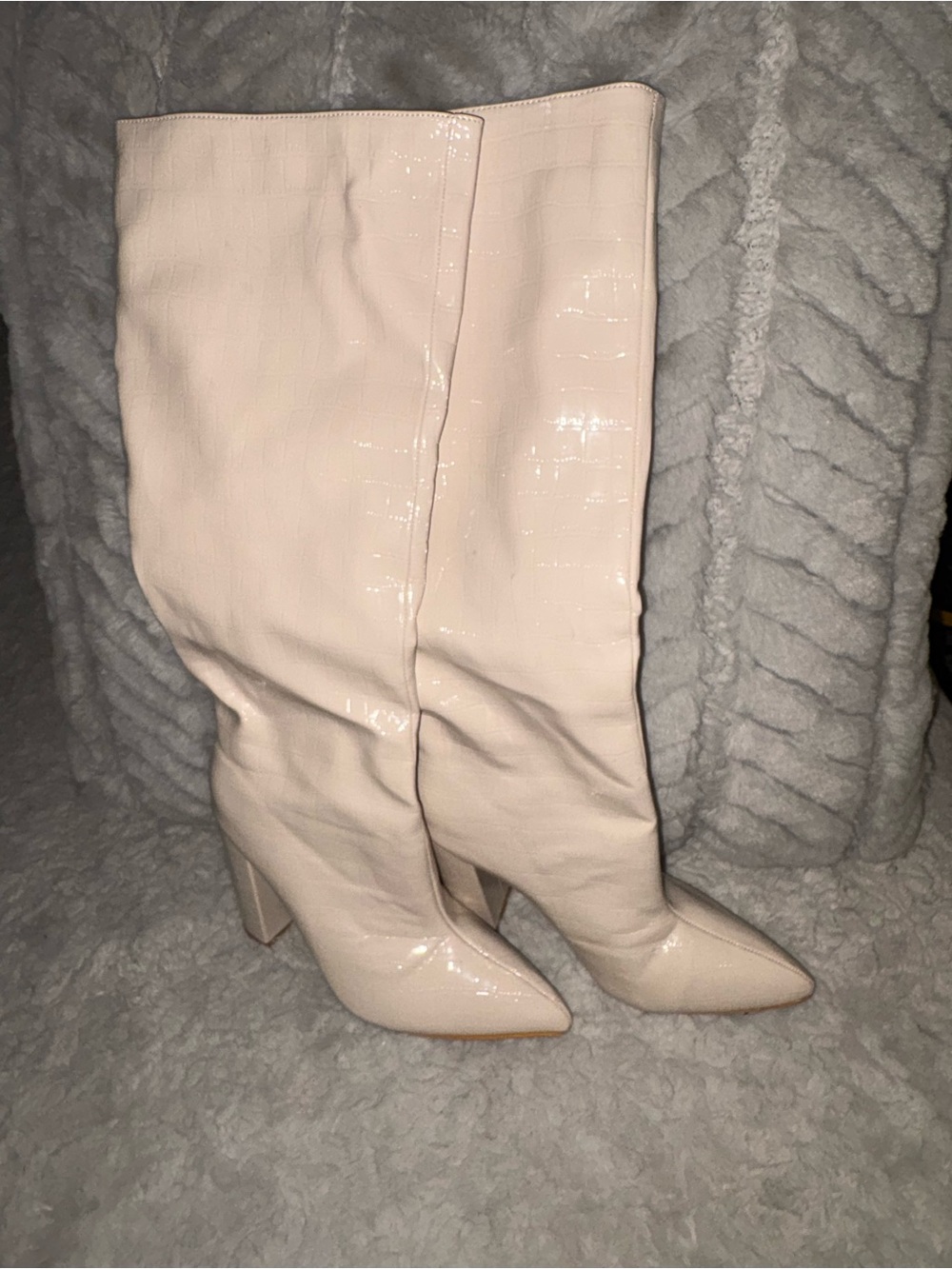 Women's Knee-High Pointed Toe Block Heel Boots - Cream - Picture 7 of 16